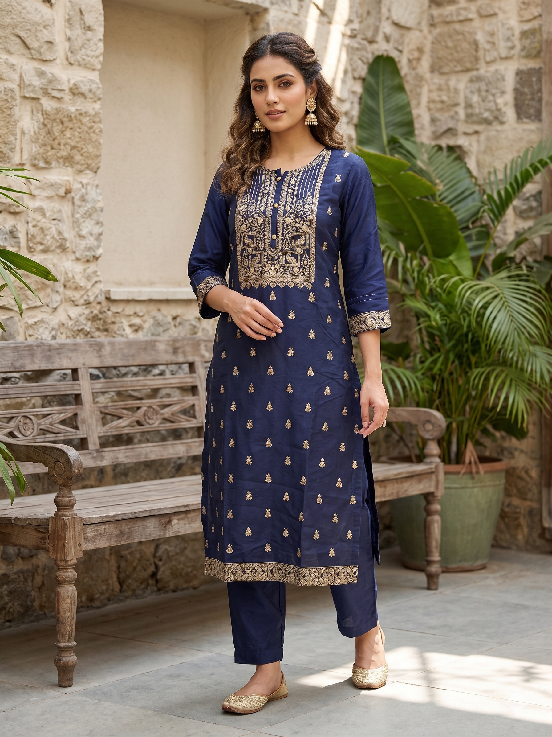 Navy Blue Crepe Silk Kurta Set