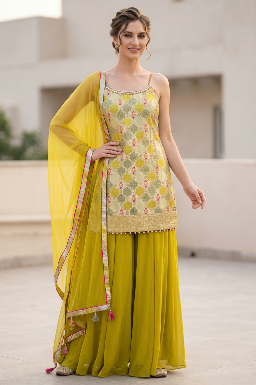 Parrot Green Brocade Satin Silk Palazzo Set