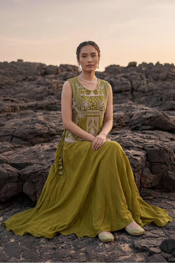 Olive Green Embellished Tissue Silk Skirt Set