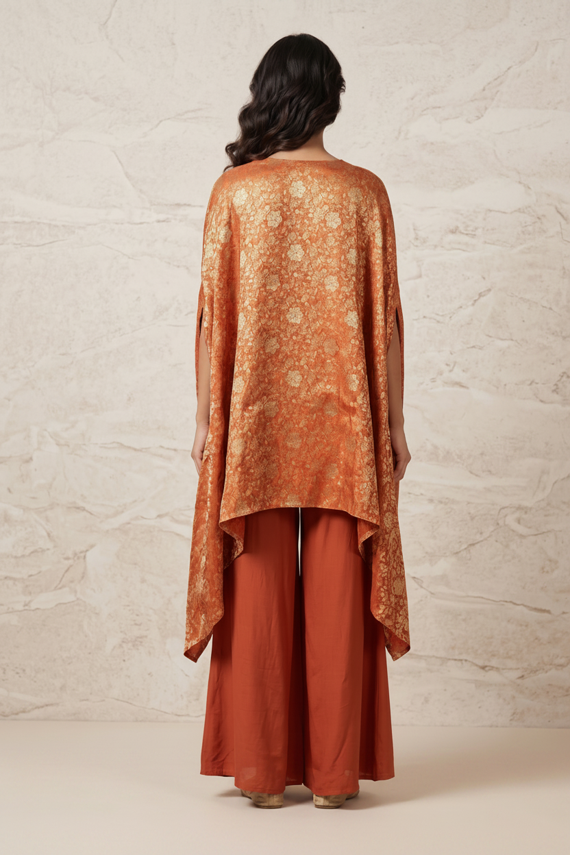 Deep Rust Embellished Banarasi Brocade Silk Kaftan Set