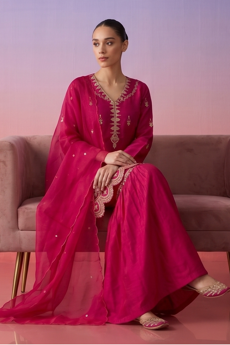Rani Pink Embellished Crepe Silk Sharara Set