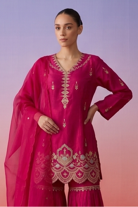 Rani Pink Embellished Crepe Silk Sharara Set