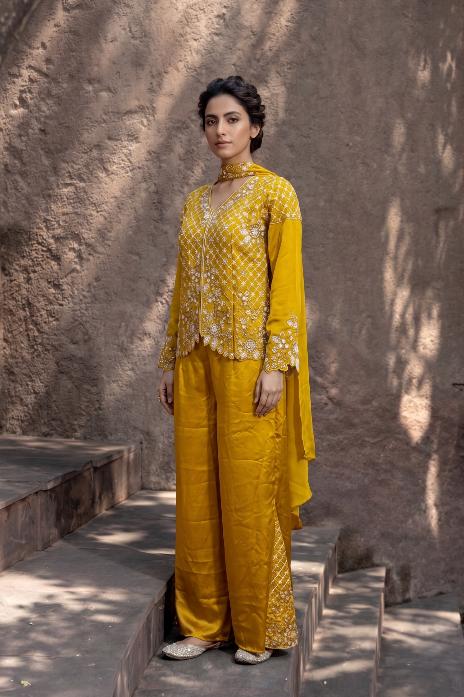 Golden Yellow Embellished Crepe Silk Palazzo Set