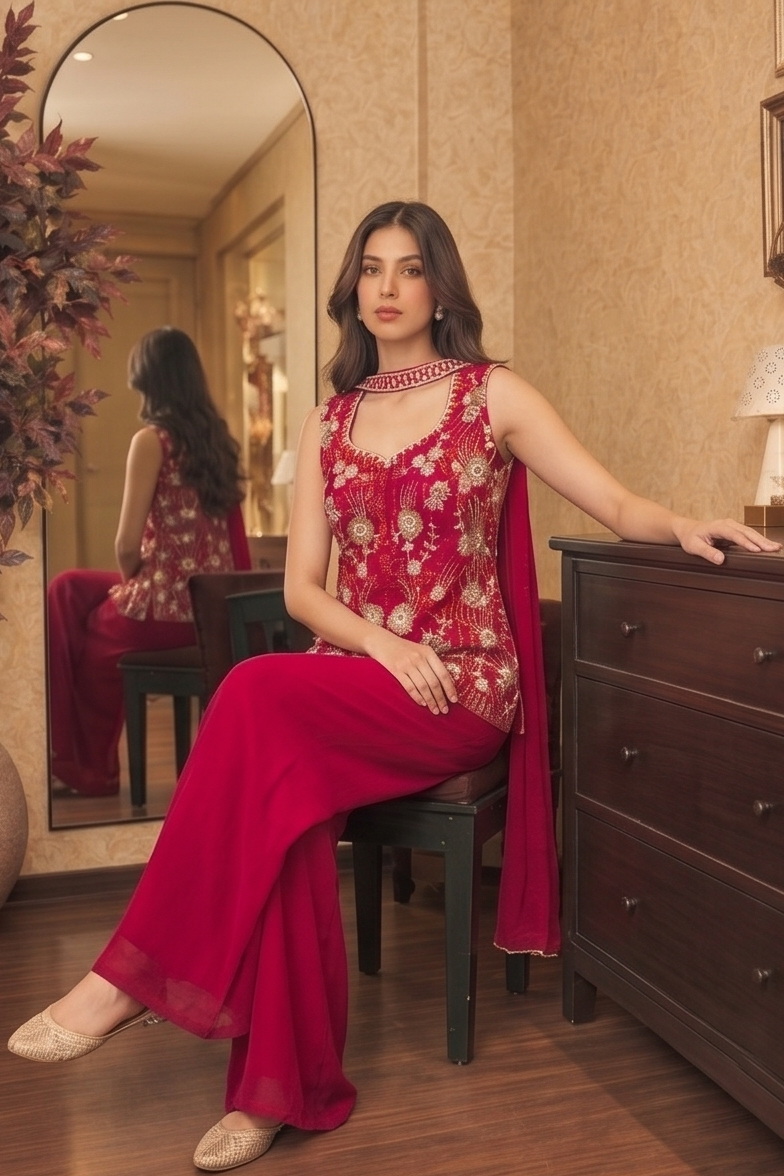 Hot Pink Embellished Crepe Silk Palazzo Set