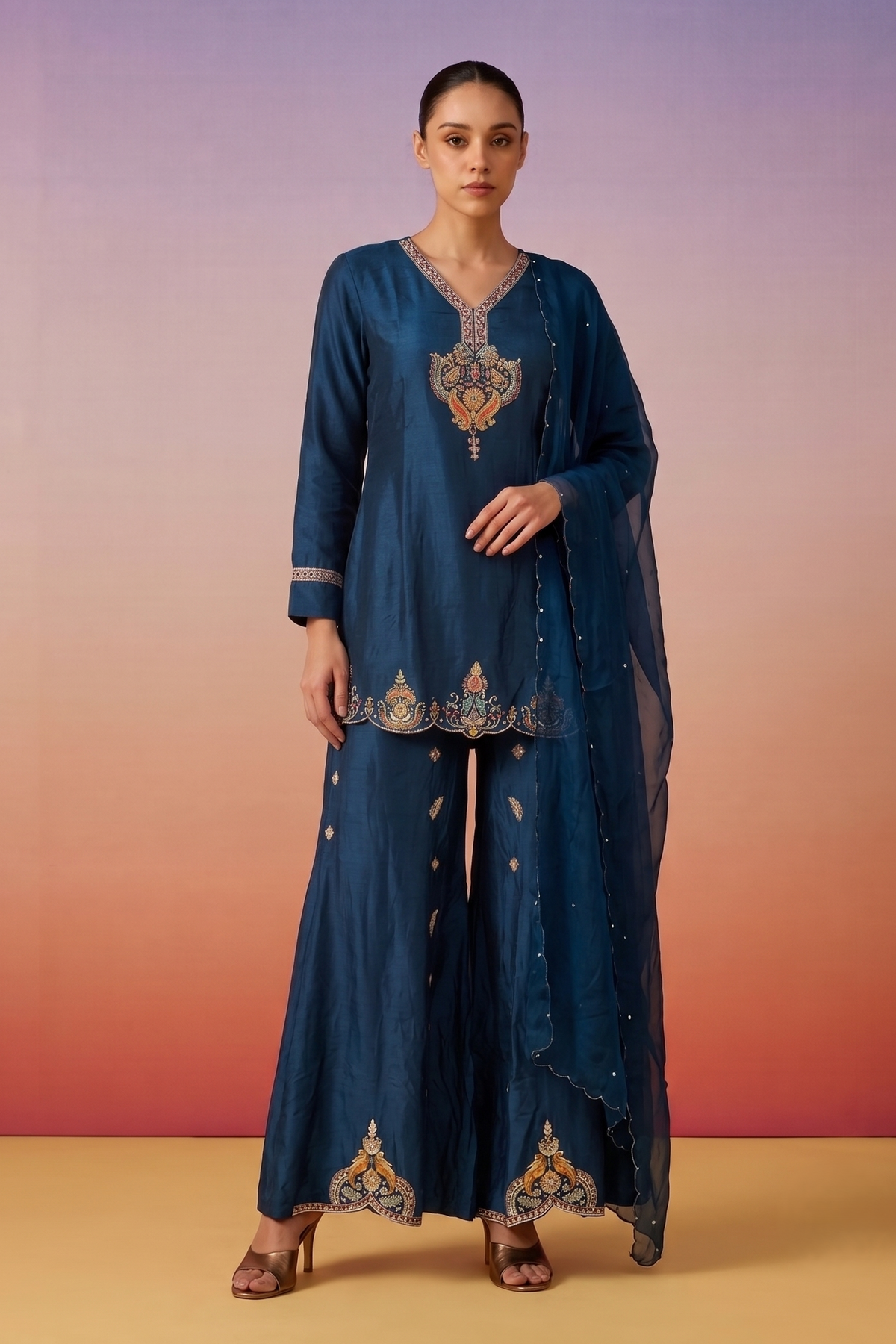 Dark Ink Blue Embellished Crepe Silk Palazzo Set