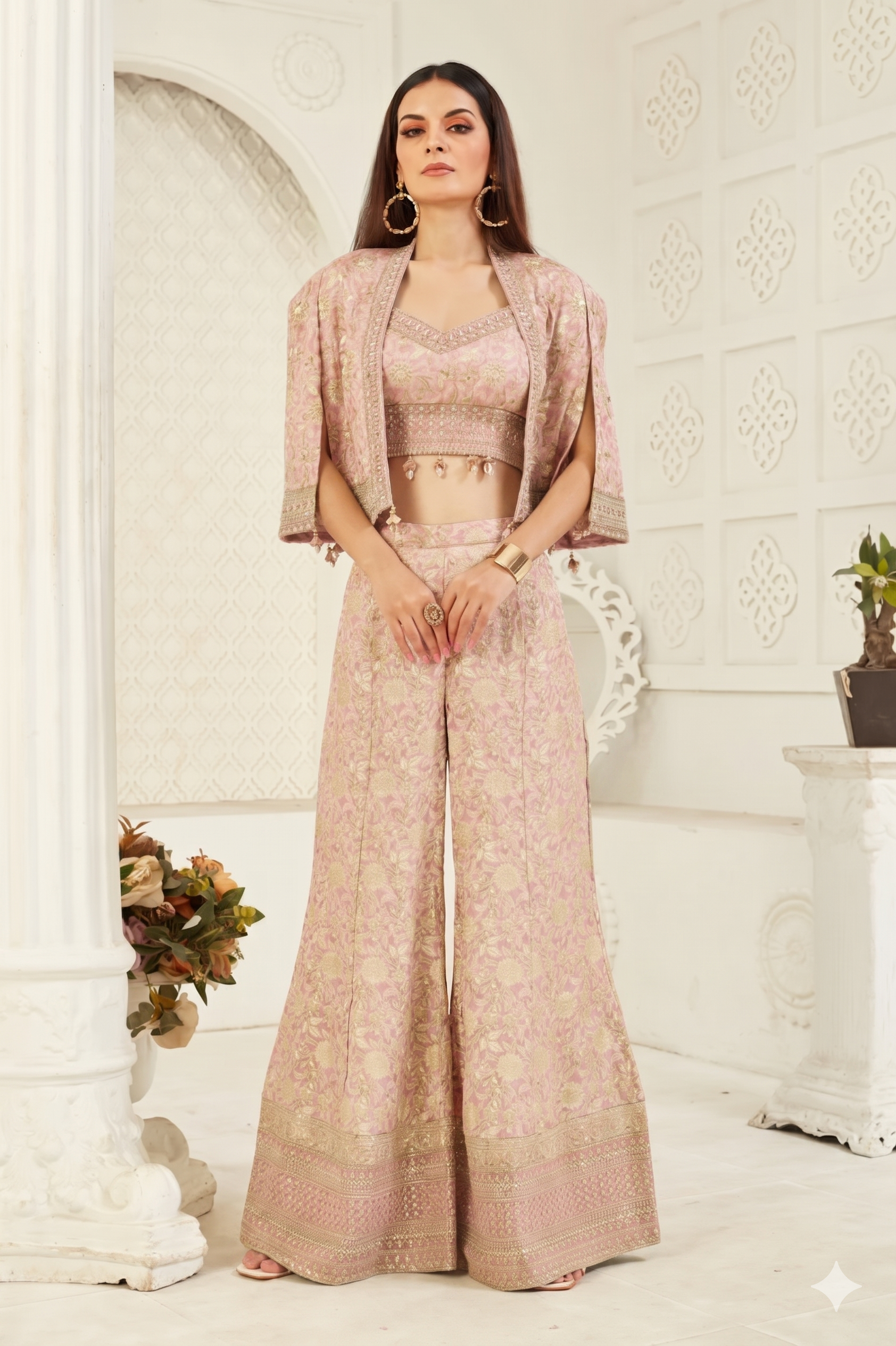 Pastel Pink Embellished Crepe Silk Cape Set