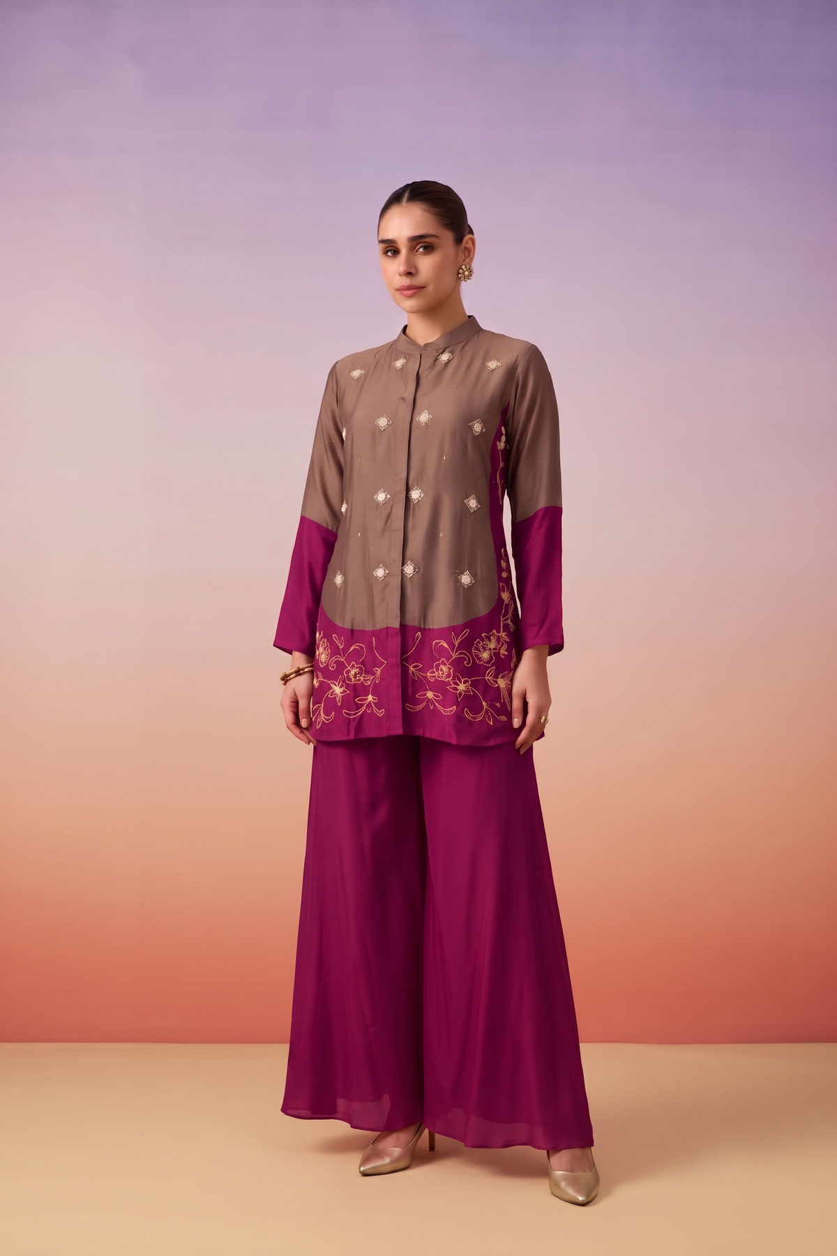 Brown & Magenta Embellished Crepe Silk Co-ord Set
