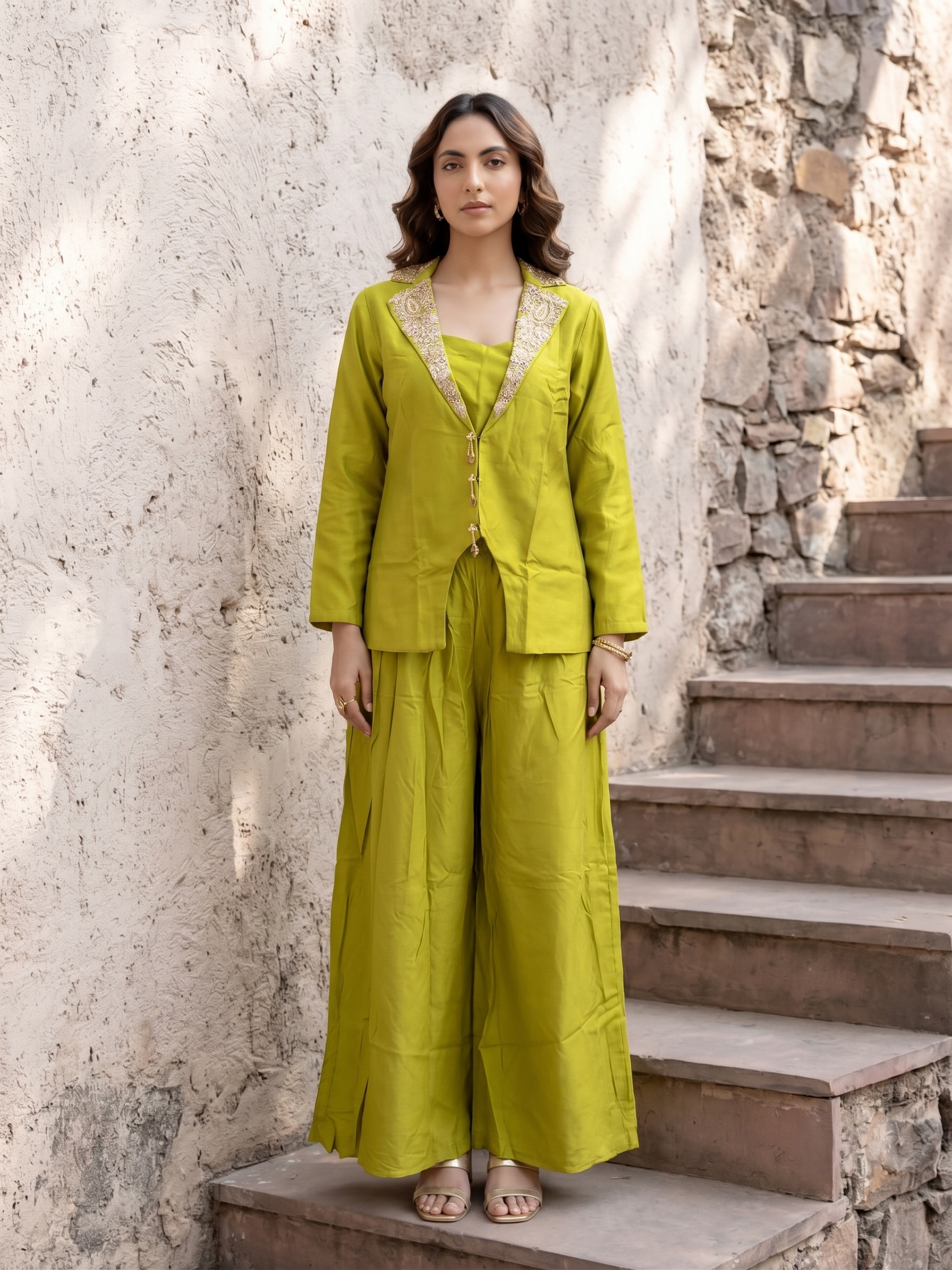 Pear Green Embellished Dola Silk Palazzo Set