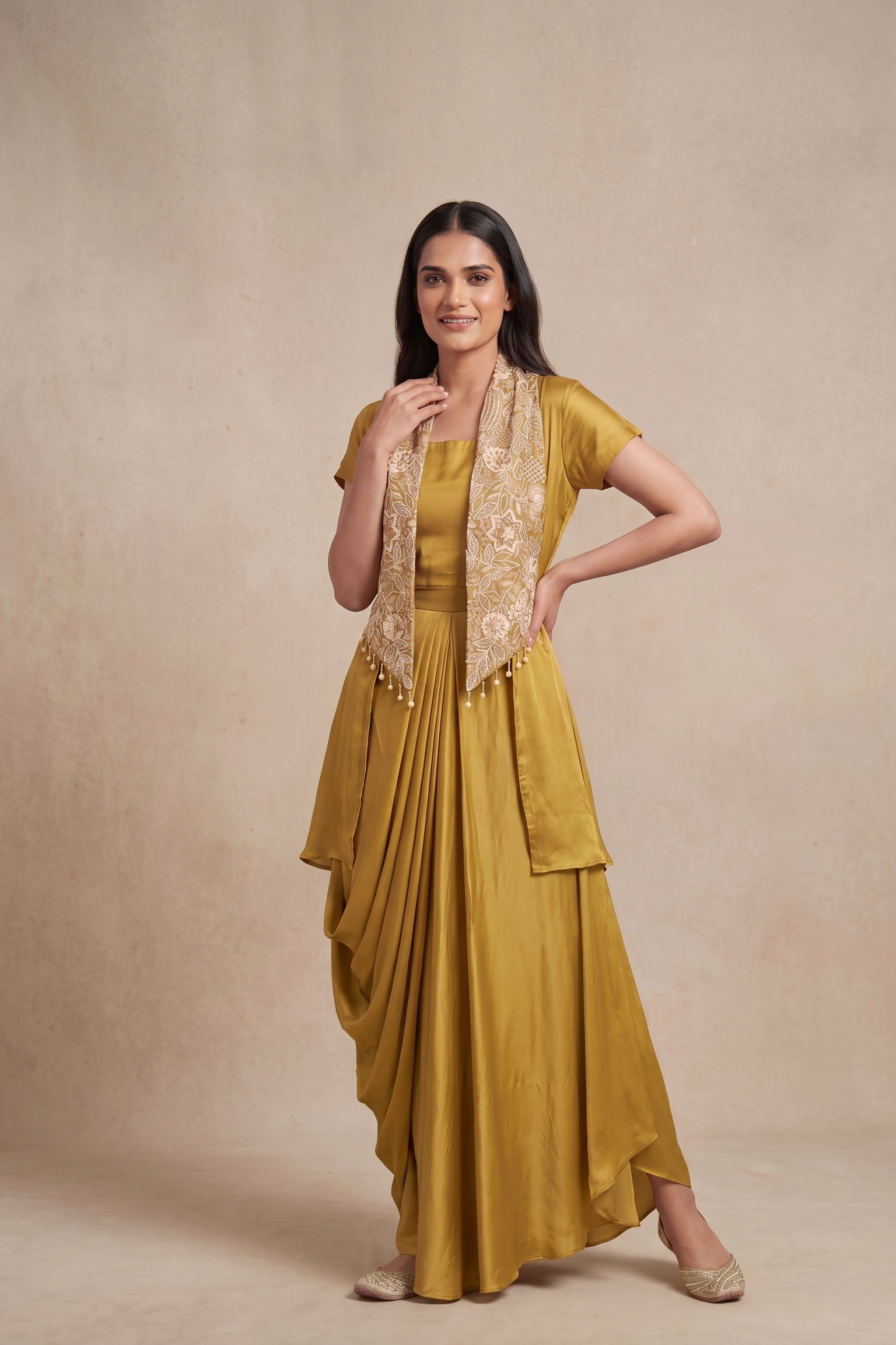 Mustard Gold Draped Satin Silk Jacket Skirt Set
