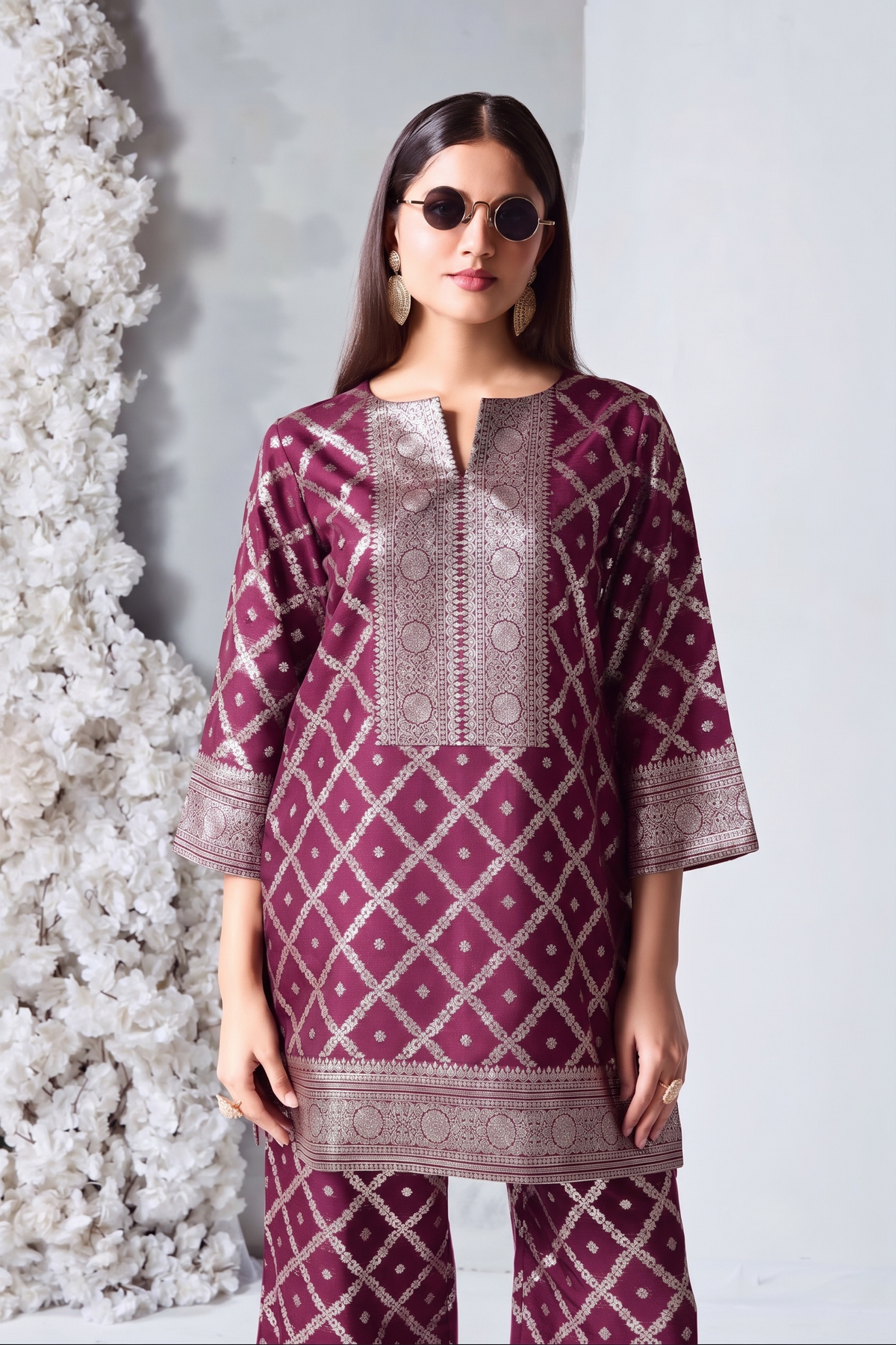 Plum Pink Embellished Viscose Silk Co-Ord Set