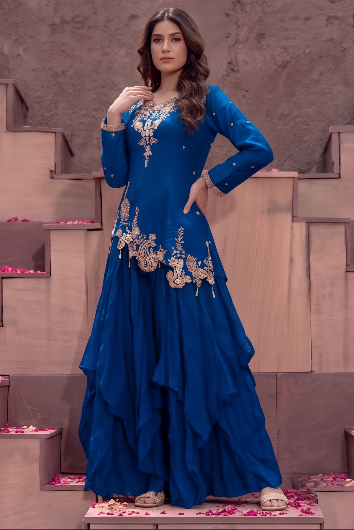 Deep Royal Blue Embellished Crepe Silk Skirt Set