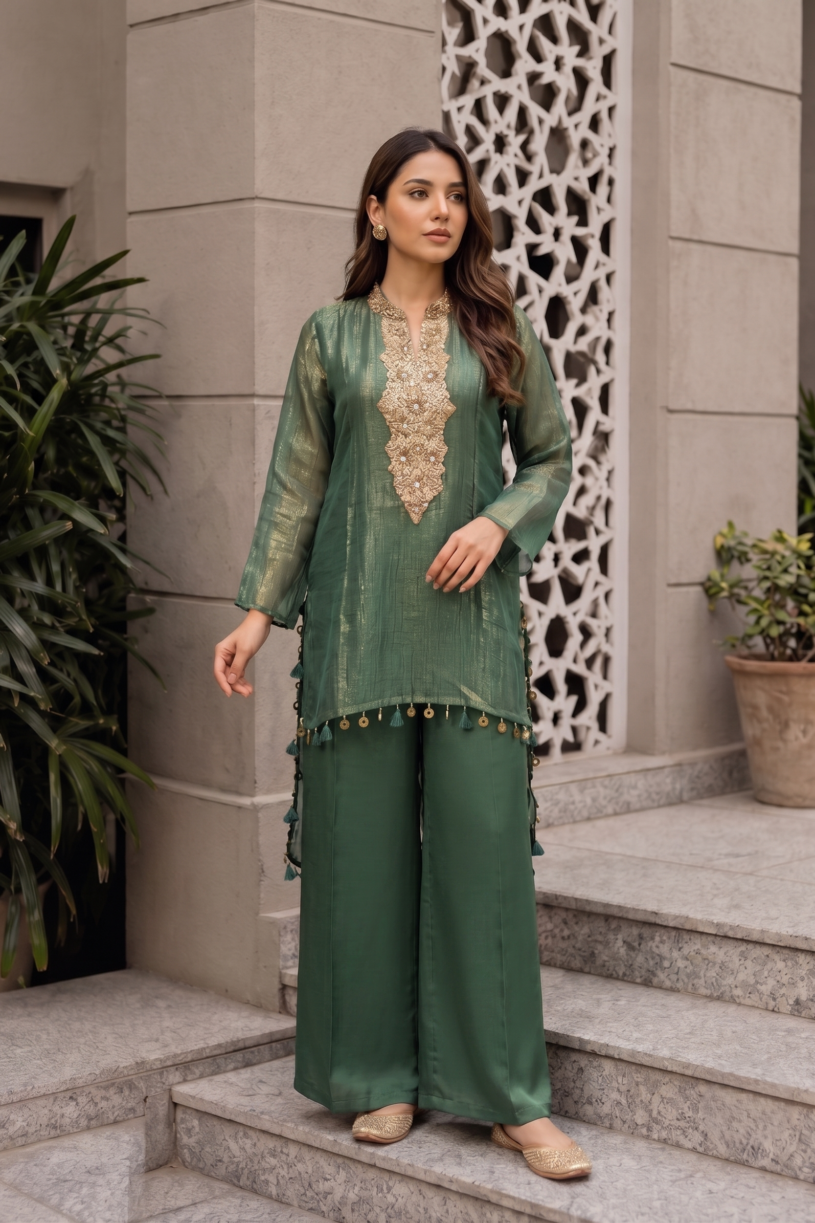 Sage Green Embellished Shimmer Tissue Silk Co-Ord Set