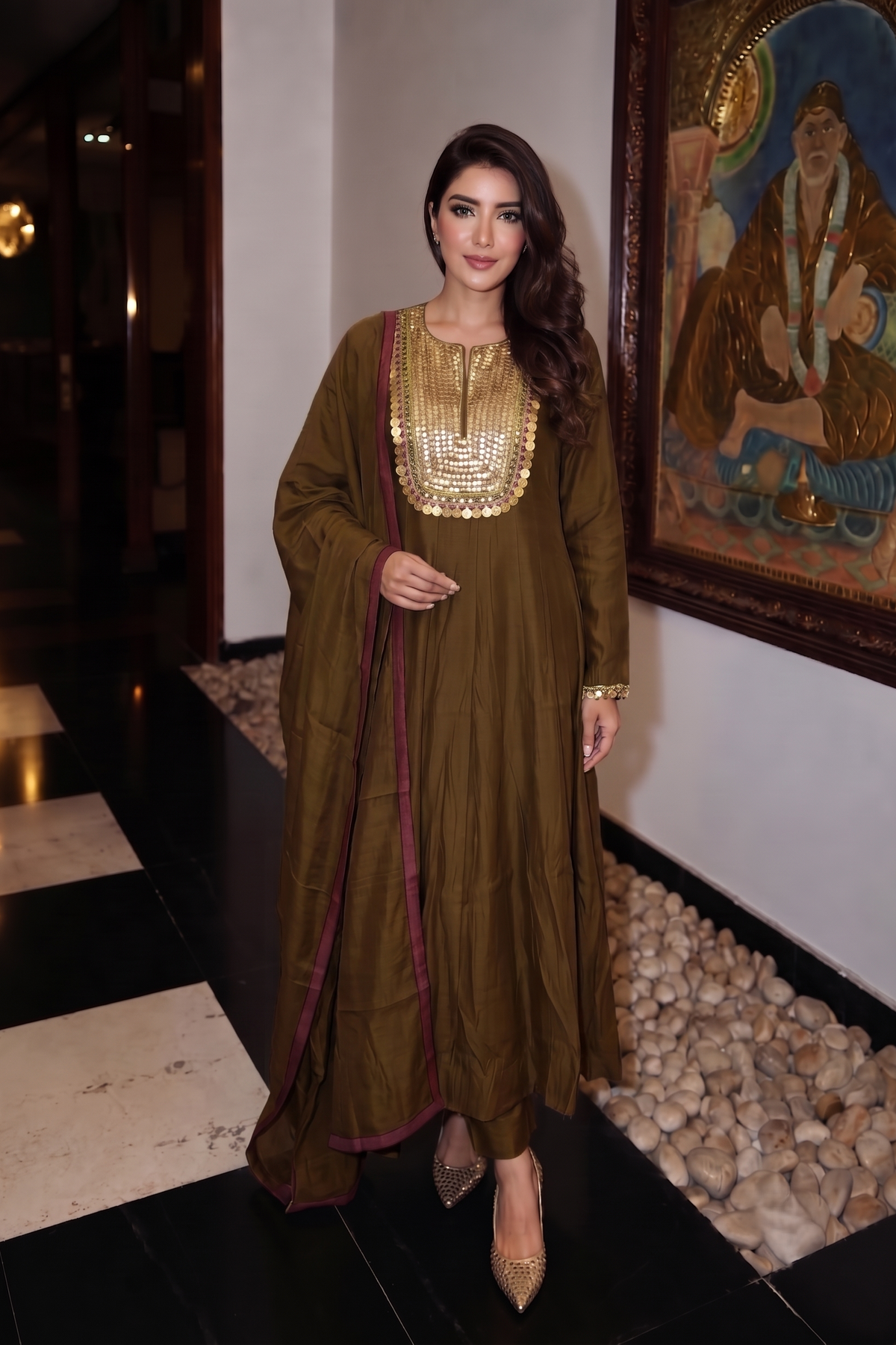 Espresso Brown Embellished Crepe Silk Anarkali Set