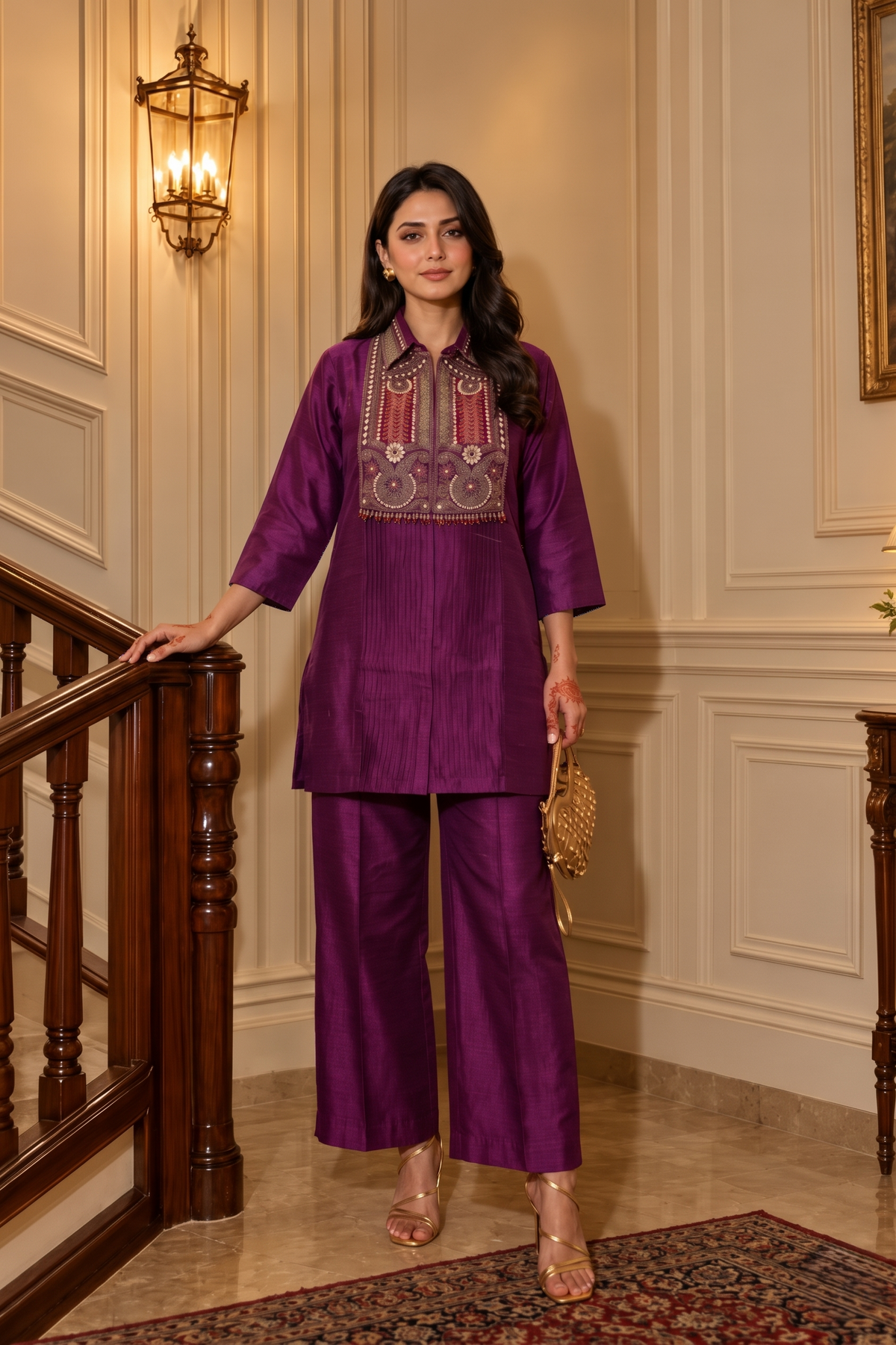 Luxe Wine Embellished Dola Silk Co-Ord Set