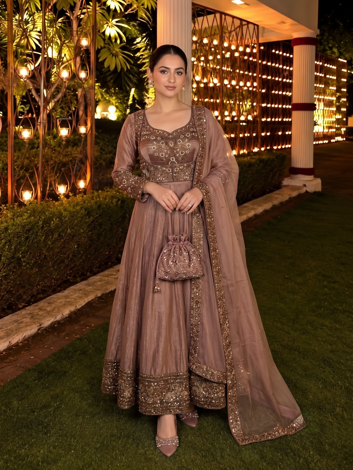 Rose Gold Embellished Tissue Silk Anarkali Set