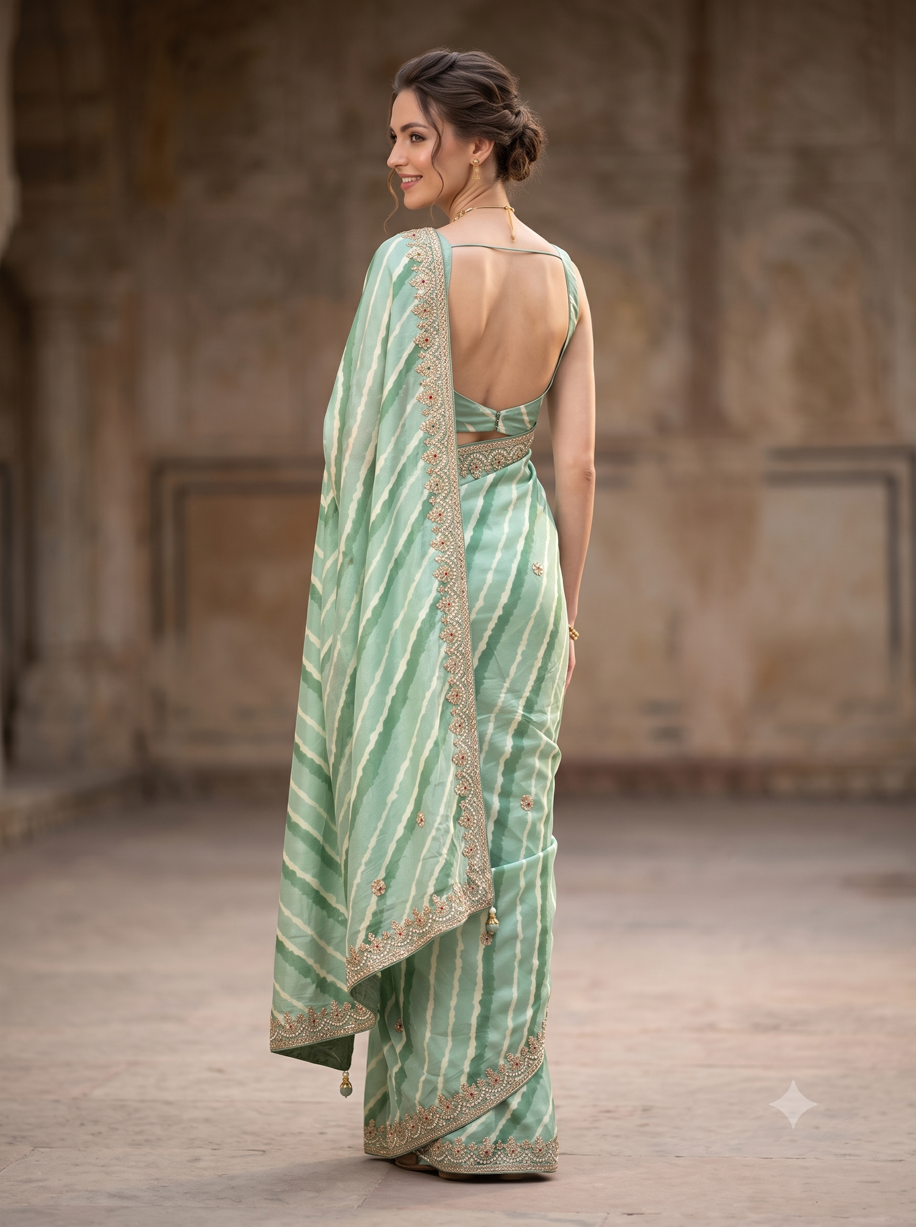 Pastel Green Embellished Tussar Silk Leheriya Saree