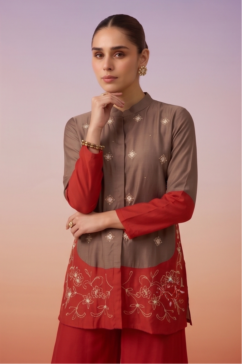 Taupe Brown Embellished Crepe Silk Co-ord Set