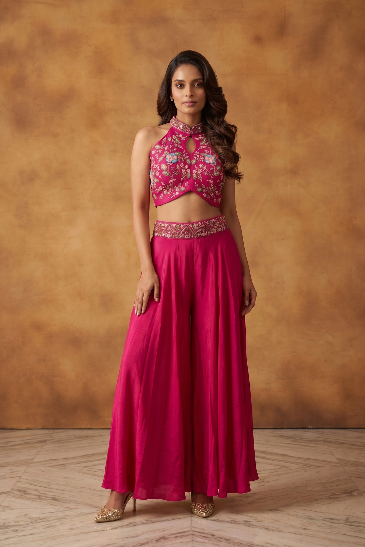 Rani Pink Embellished Crepe Silk Palazzo Set