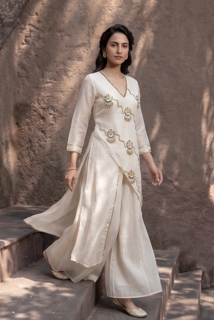 Pristine Ivory Embellished Shimmer Tissue Silk Co-Ord Set
