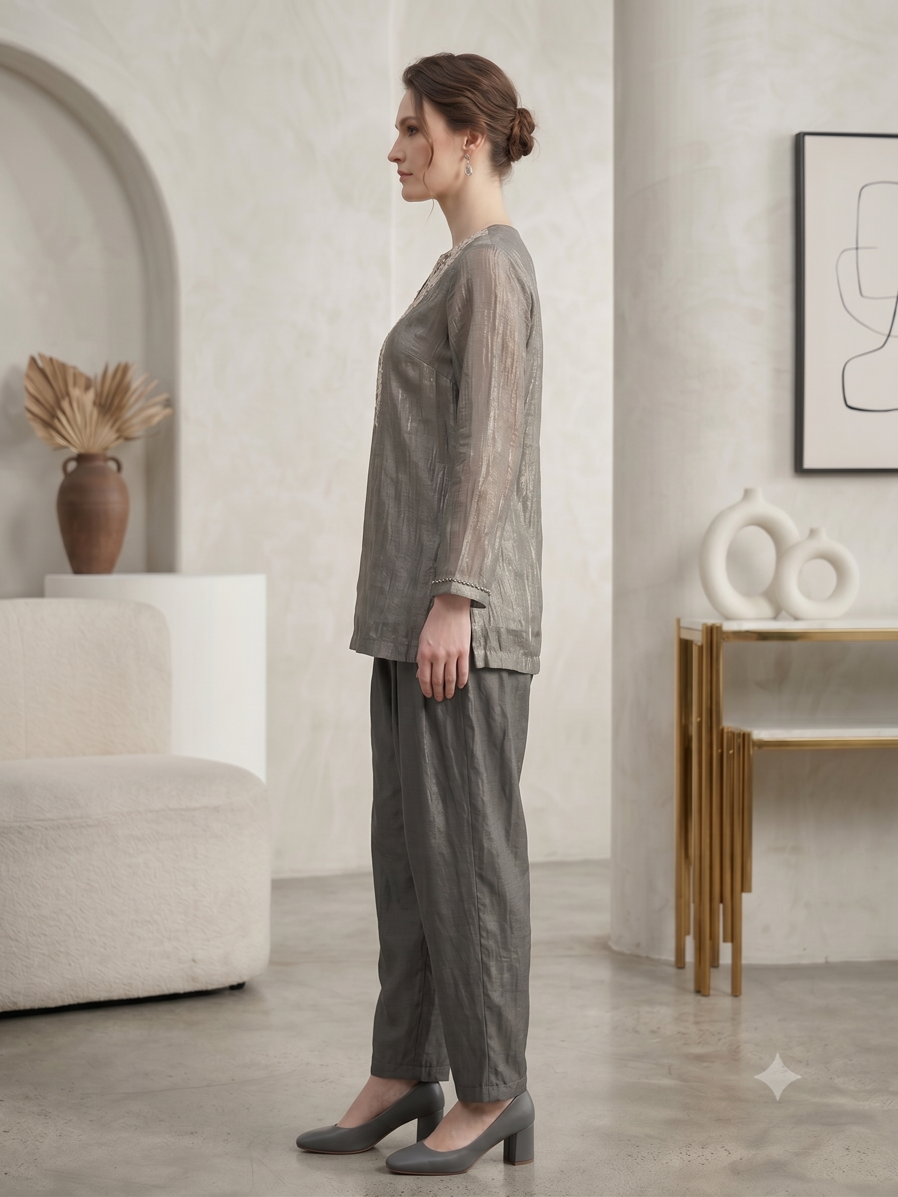 Metallic Silver Grey Shimmer Tissue Silk Co-Ord Set