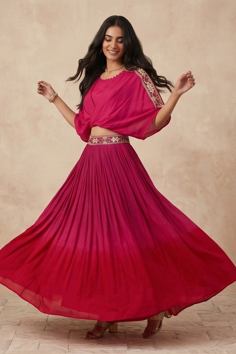Rani Pink Embellished Crepe Silk Skirt Set