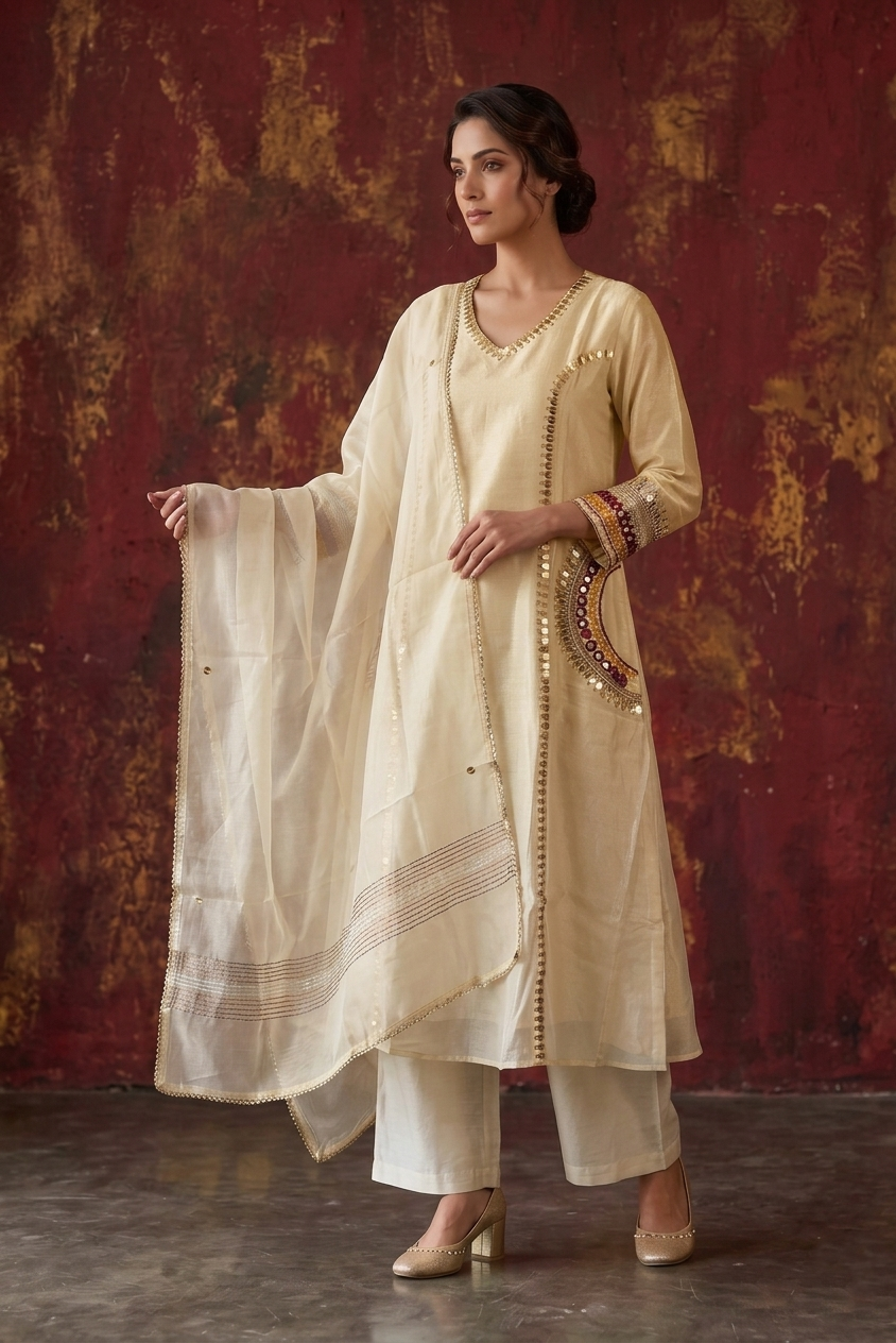 Ivory Glow Embellished  Shimmer Organza Pant Set