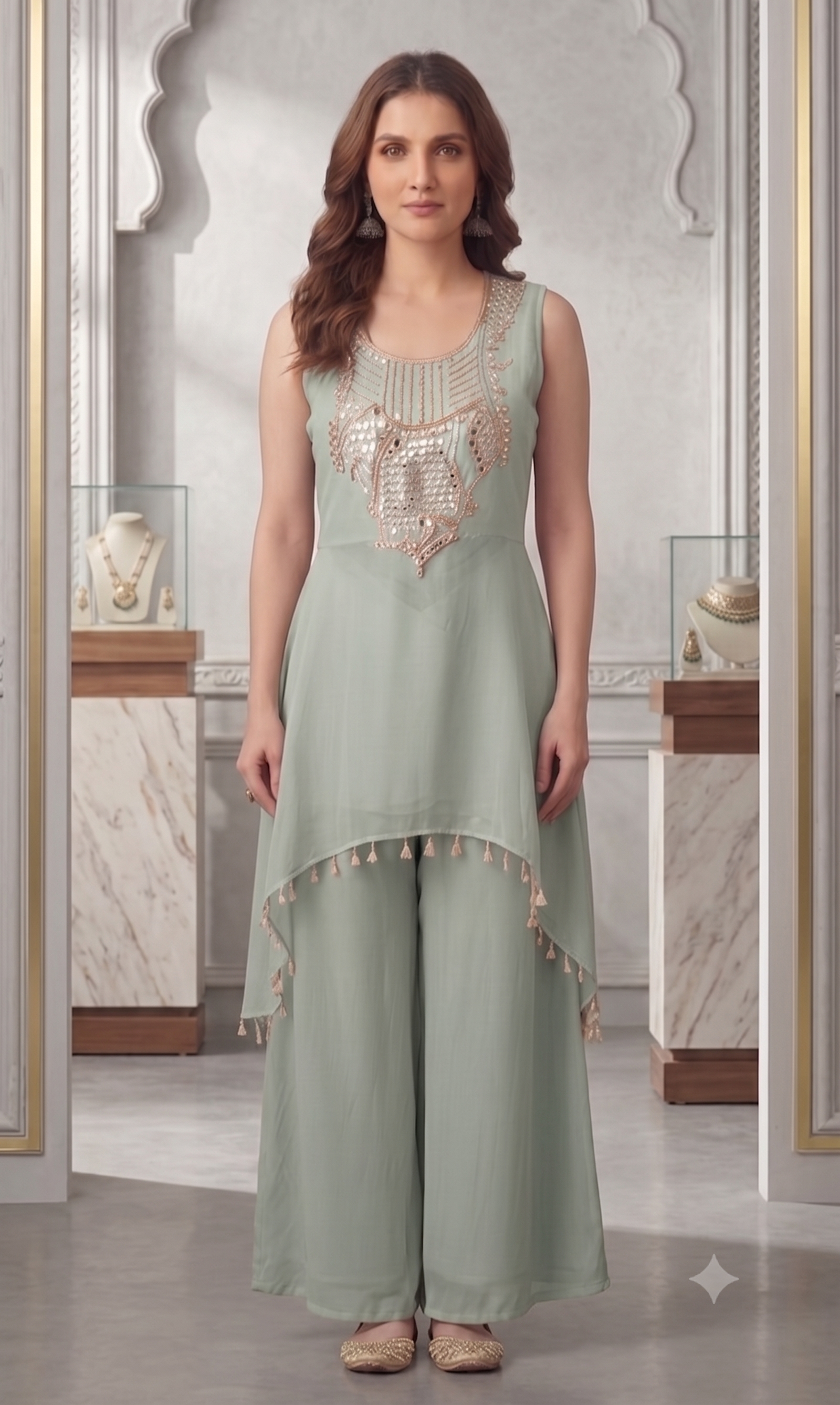 Sage Green Embellished Kora Silk Palazzo Set