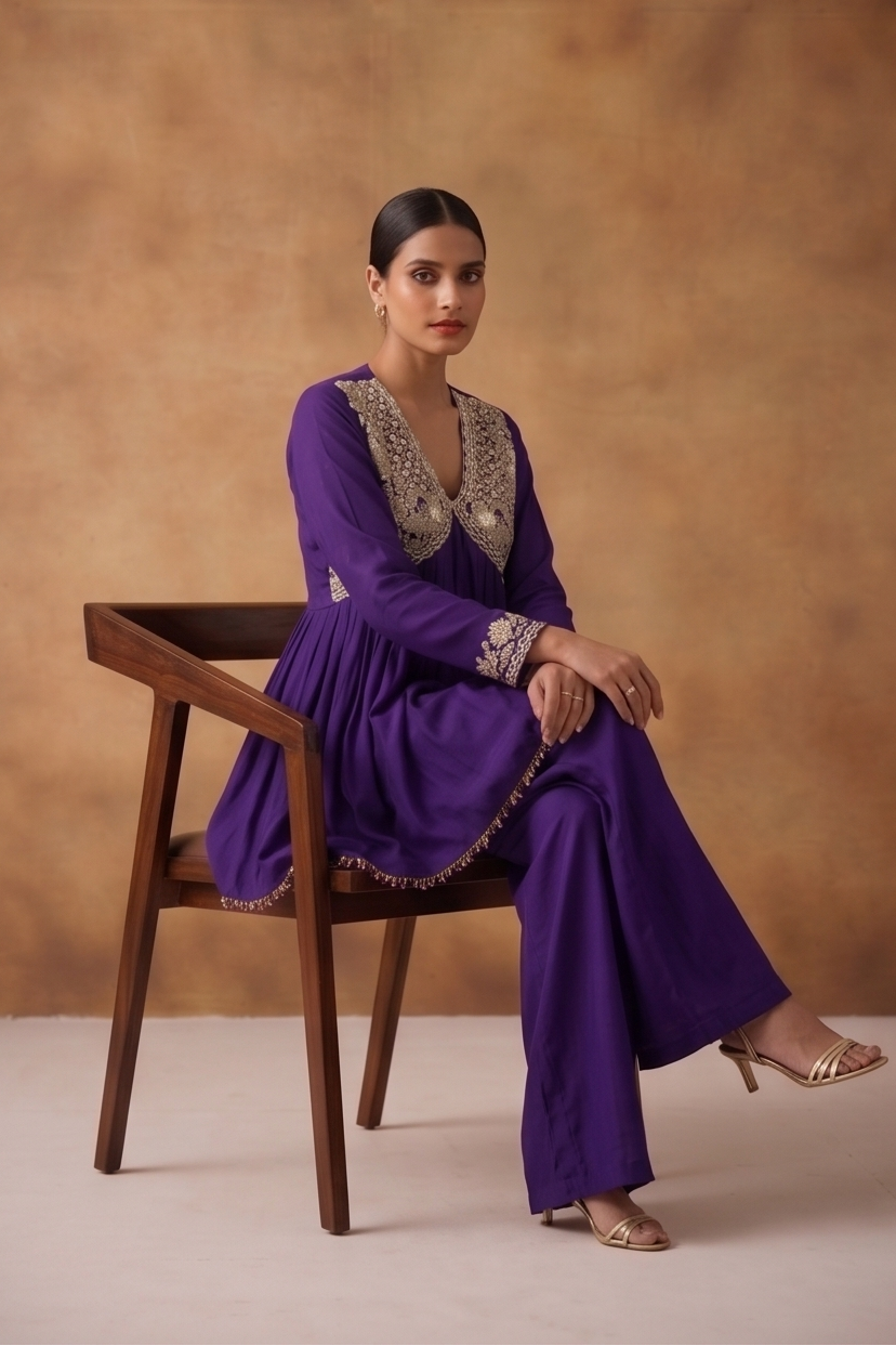 Deep Violet Embellished Chinon Silk Palazzo Set