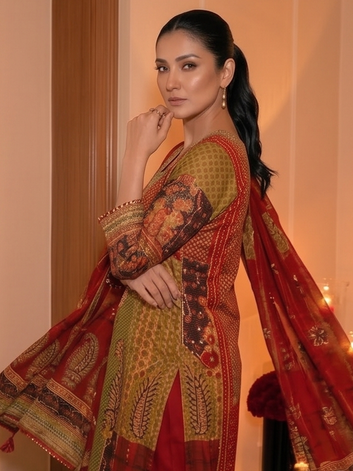 Vibrant Crimson Red Embellished Muslin Silk Pant Set