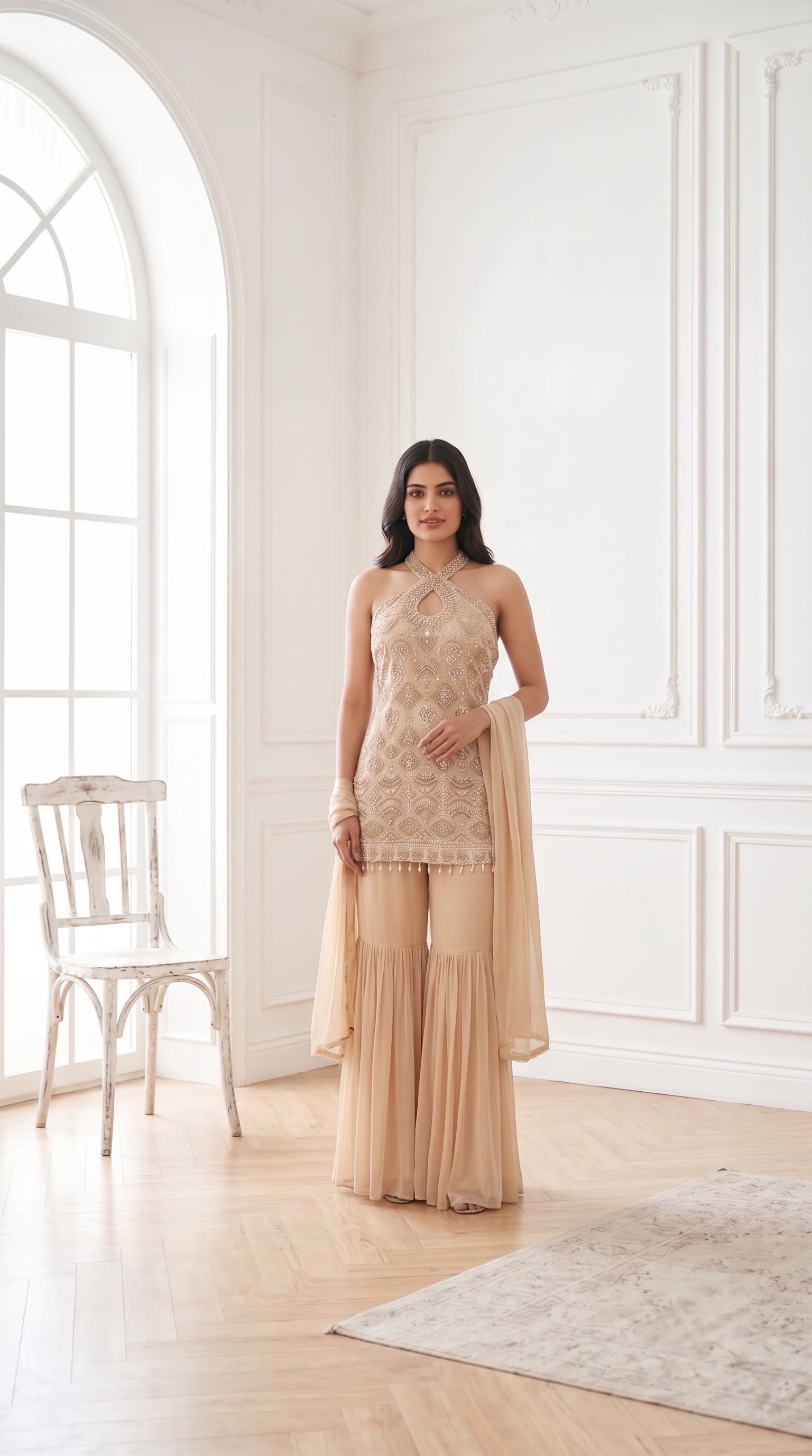 Champagne Embellished Premium Georgette Sharara Set