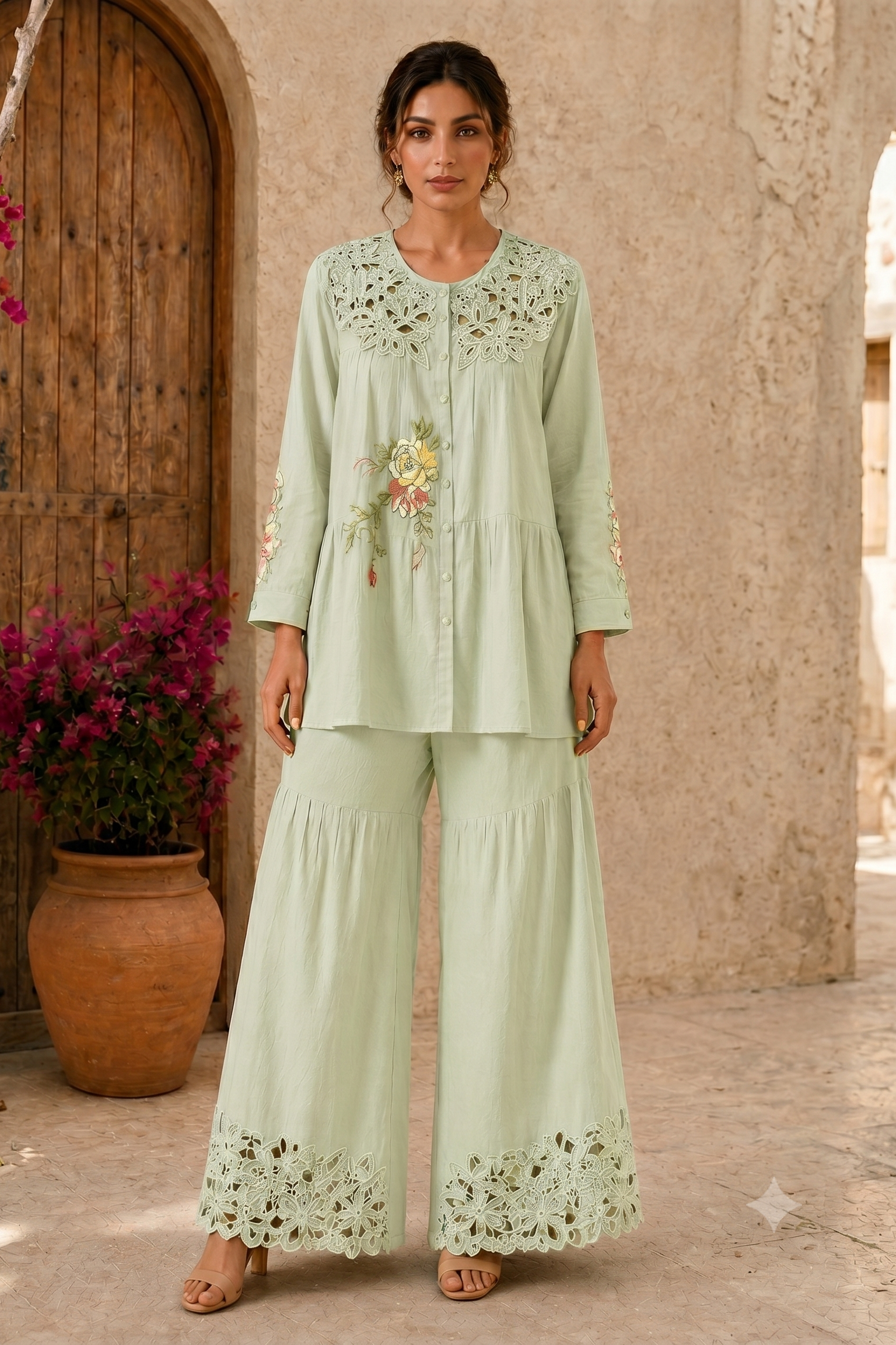 Pistachio Embroidered Linen Co-Ord Set