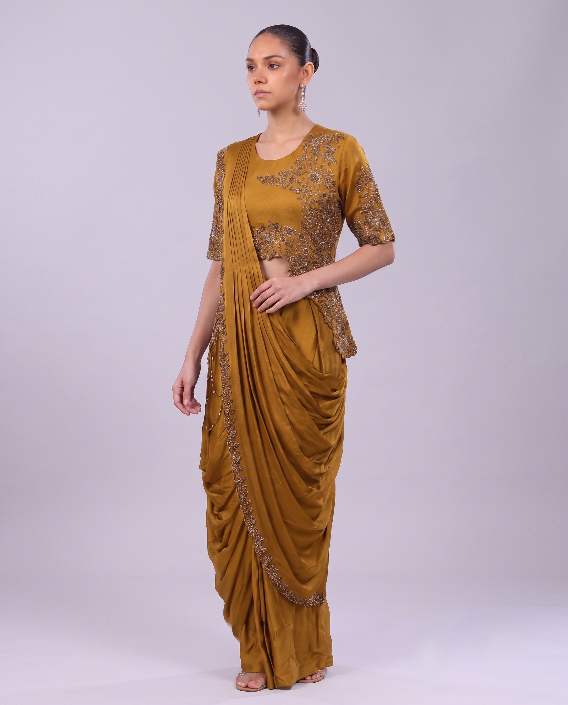 Mustard Yellow Embellished Satin Silk Draped Saree