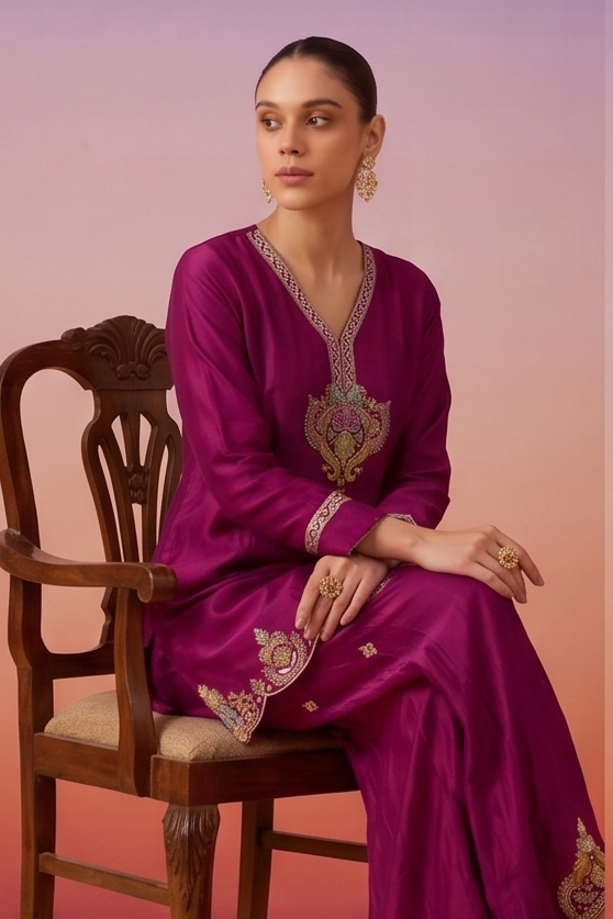 Deep Magenta Embellished Crepe Silk Palazzo Set