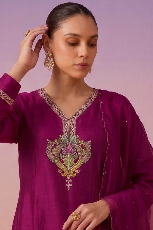 Deep Magenta Embellished Crepe Silk Palazzo Set