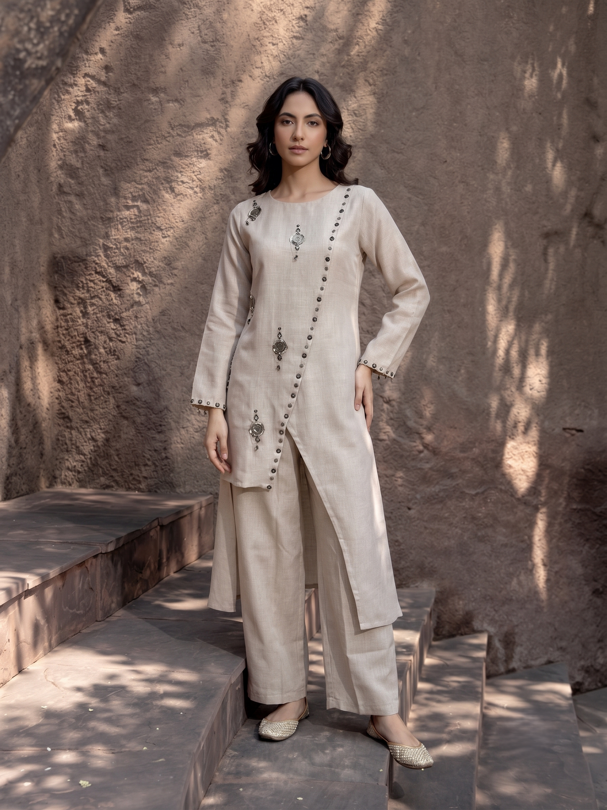 Light Beige Embellished Linen Co-Ord Set