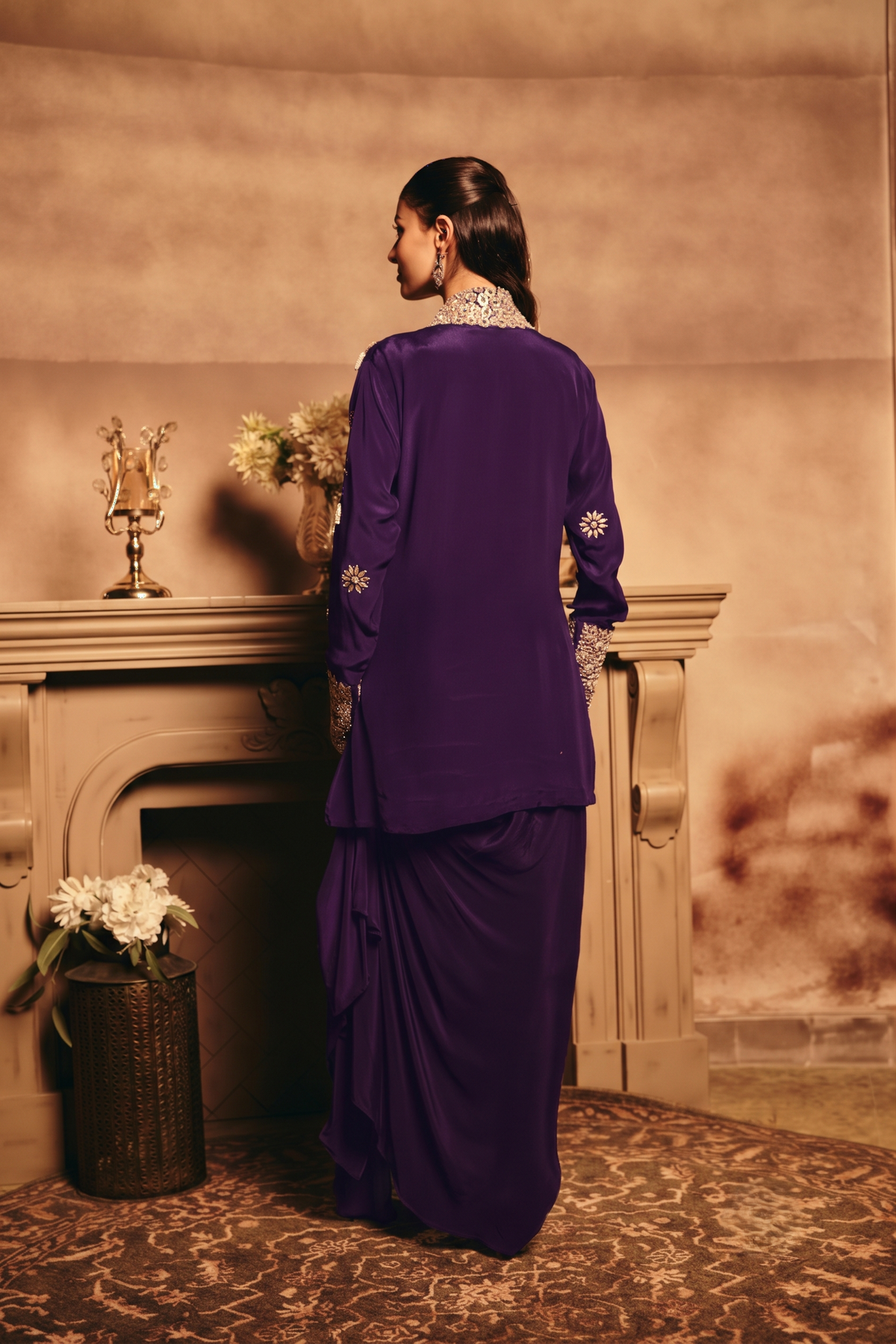 Royal Purple Embellished Crepe Silk Skirt Set