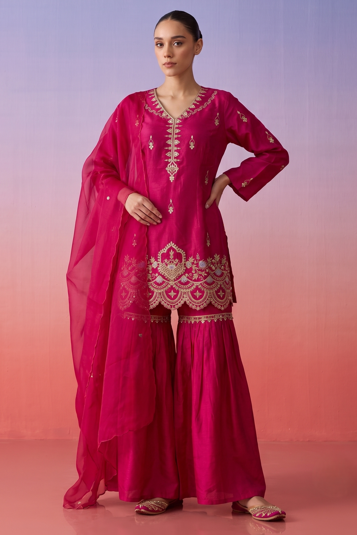 Rani Pink Embellished Crepe Silk Sharara Set