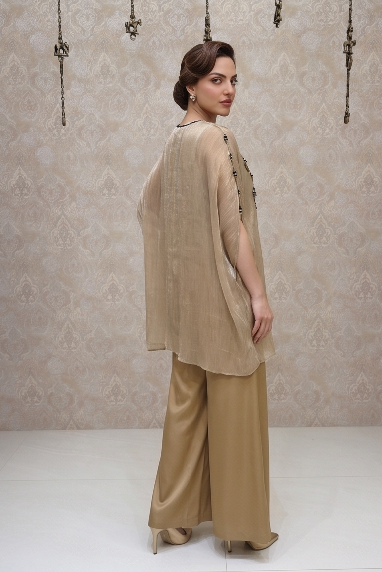 Metallic Beige Embellished Tissue Silk Palazzo Set