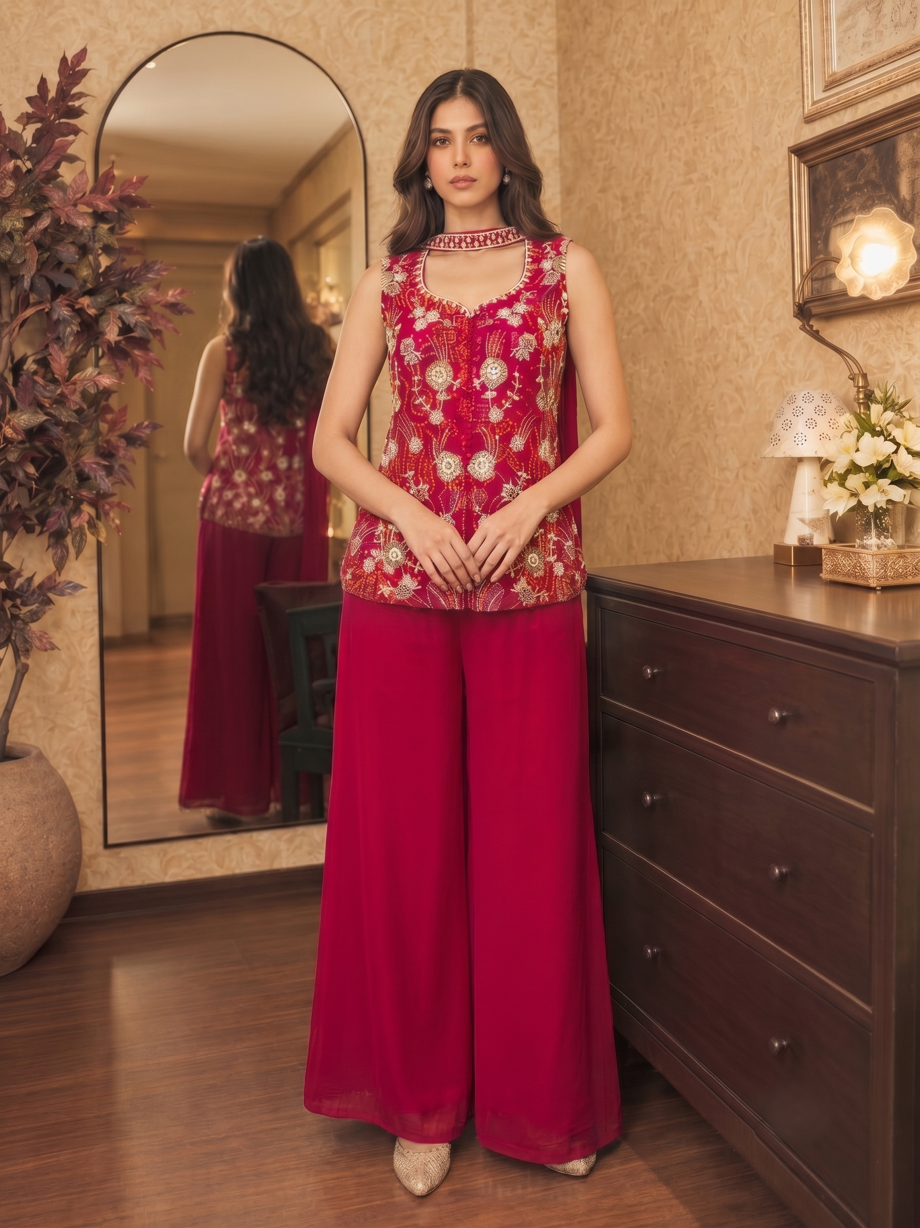 Hot Pink Embellished Crepe Silk Palazzo Set