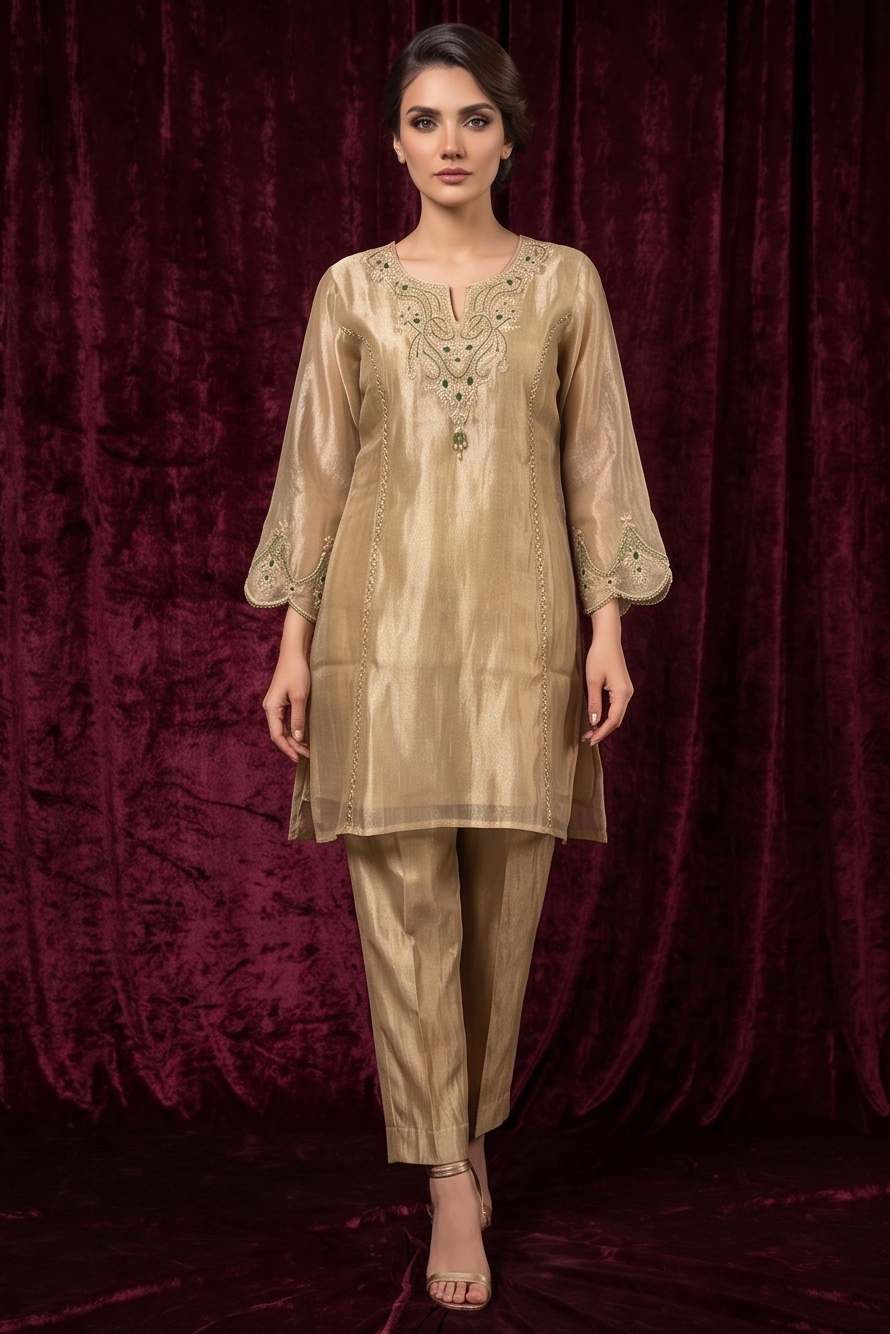 Sand Beige Embellished Shimmer Organza Silk Co-Ord Set