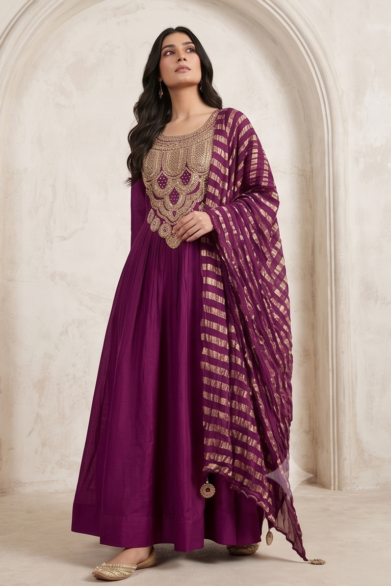 Deep Violet Embellished Chinon Silk Anarkali Set