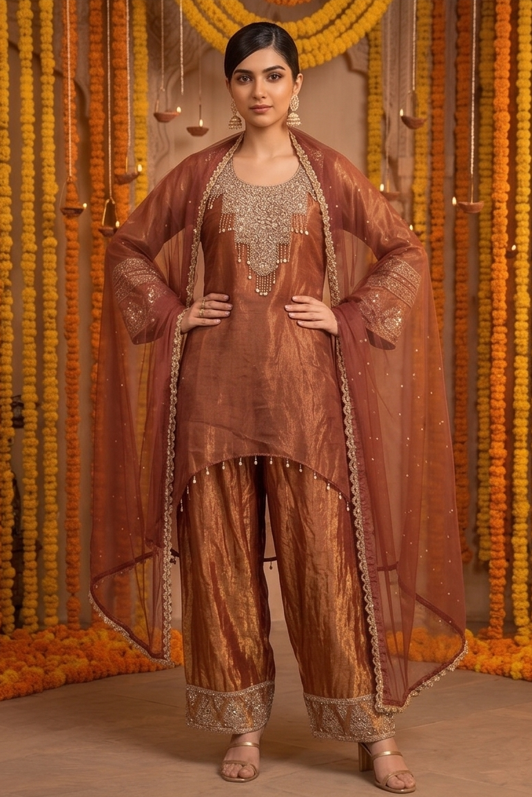 Rose Gold Embellished Jimmy Choo Silk Salwar Set
