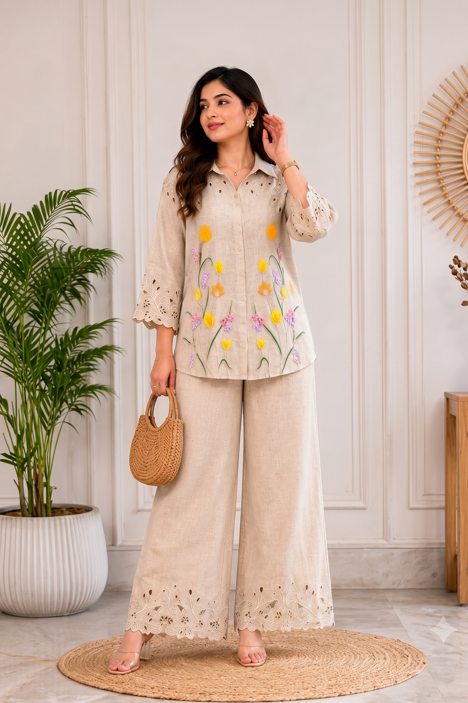 Meadow Beige Embroidered Linen Co-Ord Set
