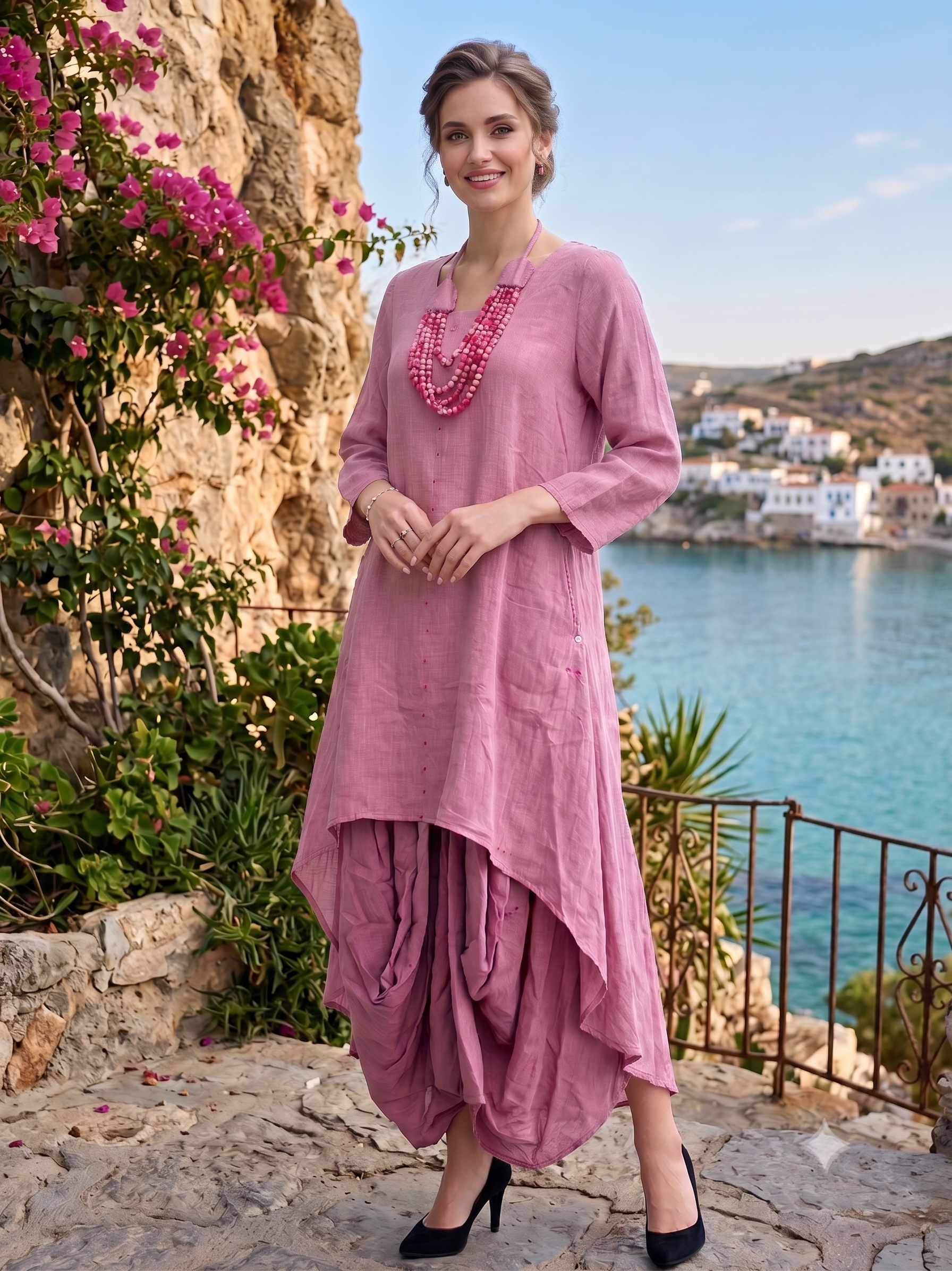 Dusty Rose Asymmetric Draped Cotton Dress