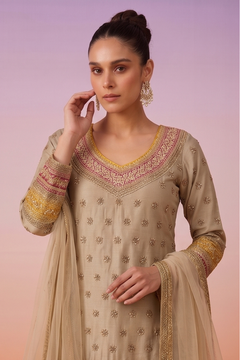Golden Sand Embellished Premium Silk Skirt Set