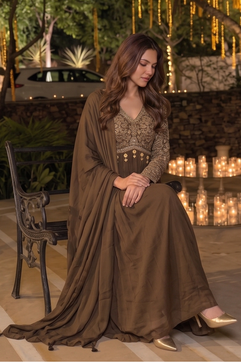 Dusty Mocha Embellished Georgette Silk Anarkali Set