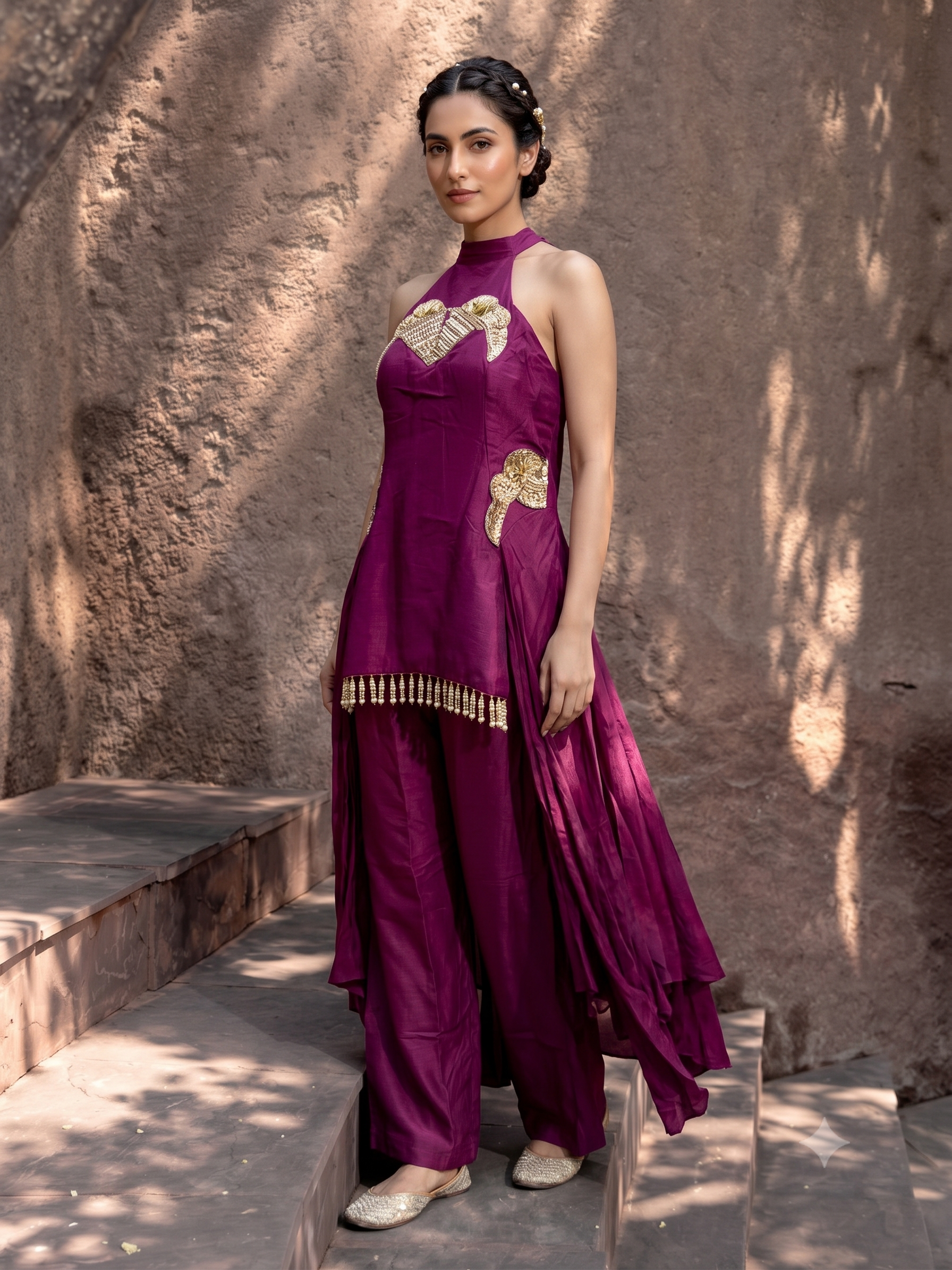Plum Purple Embellished Raw Silk Co-Ord Set