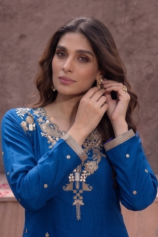 Deep Royal Blue Embellished Crepe Silk Skirt Set