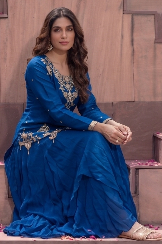 Deep Royal Blue Embellished Crepe Silk Skirt Set