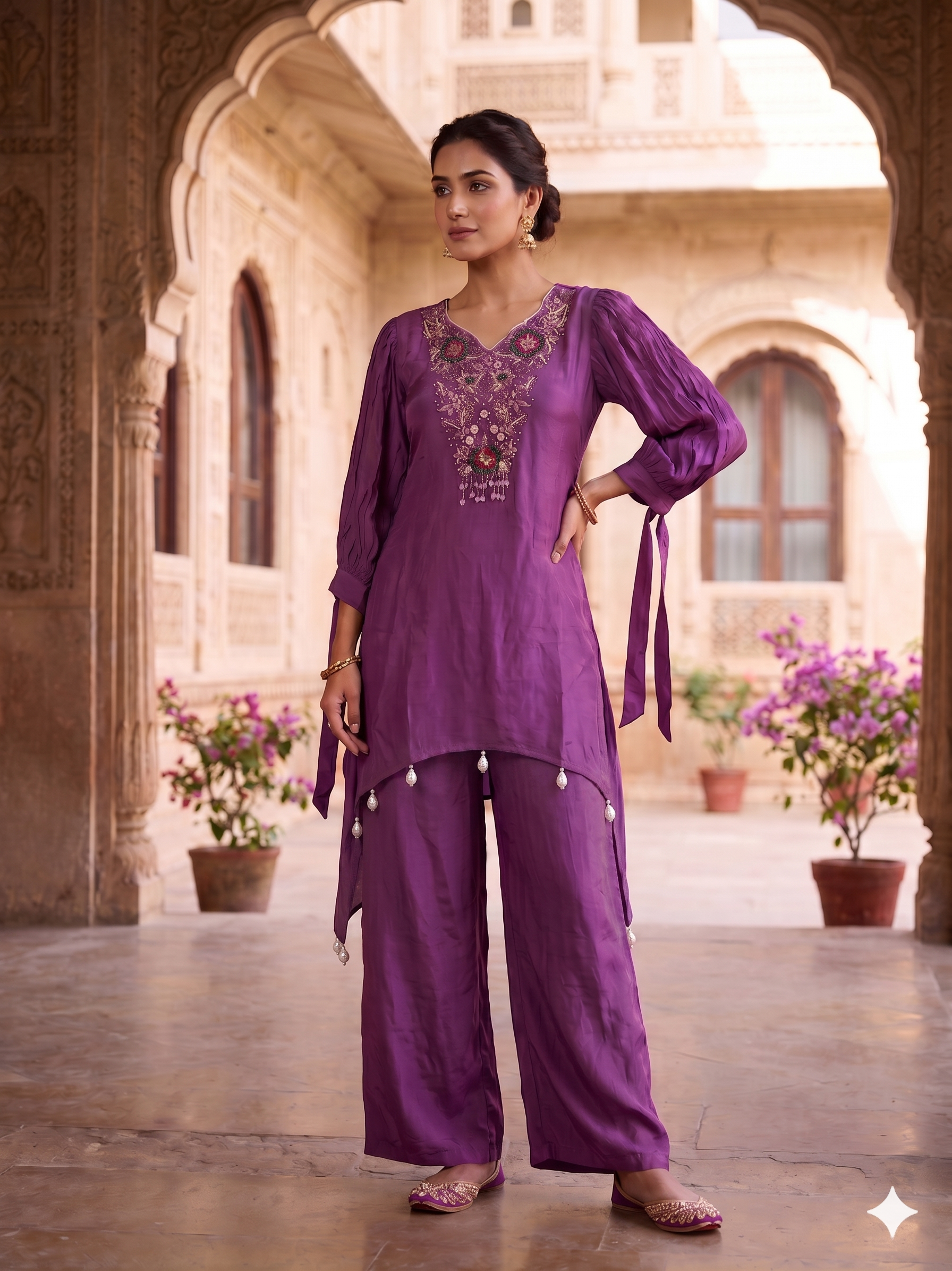 Purple Crinkled Crepe Silk Kurta Set